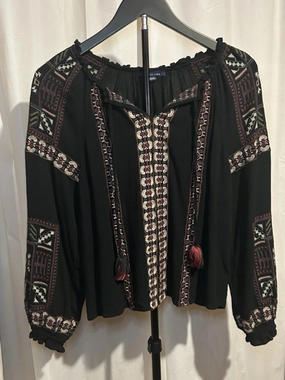 American Eagle Outfitters Black and Red Embroidered Long Sleeve Blouse Size S